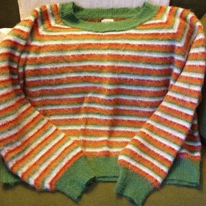 POL Fuzzy Striped Crewneck Sweater in Green, Orange & White